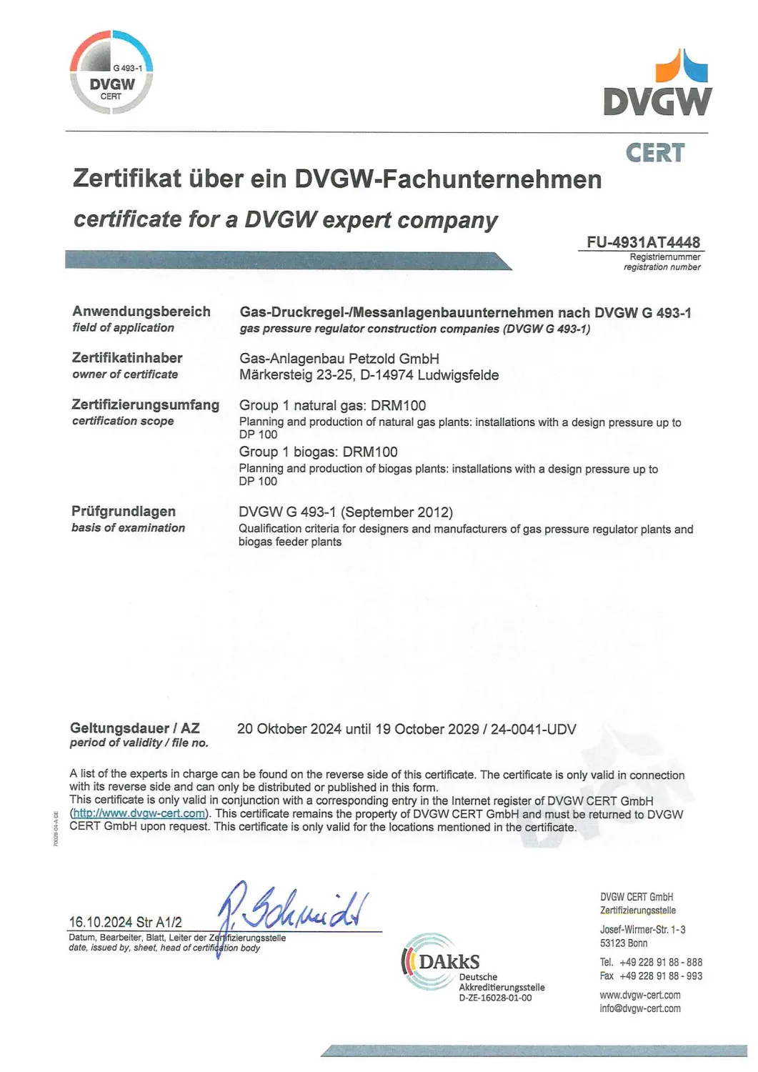 Zertifikat der Gasanlagenbau Petzold GmbH