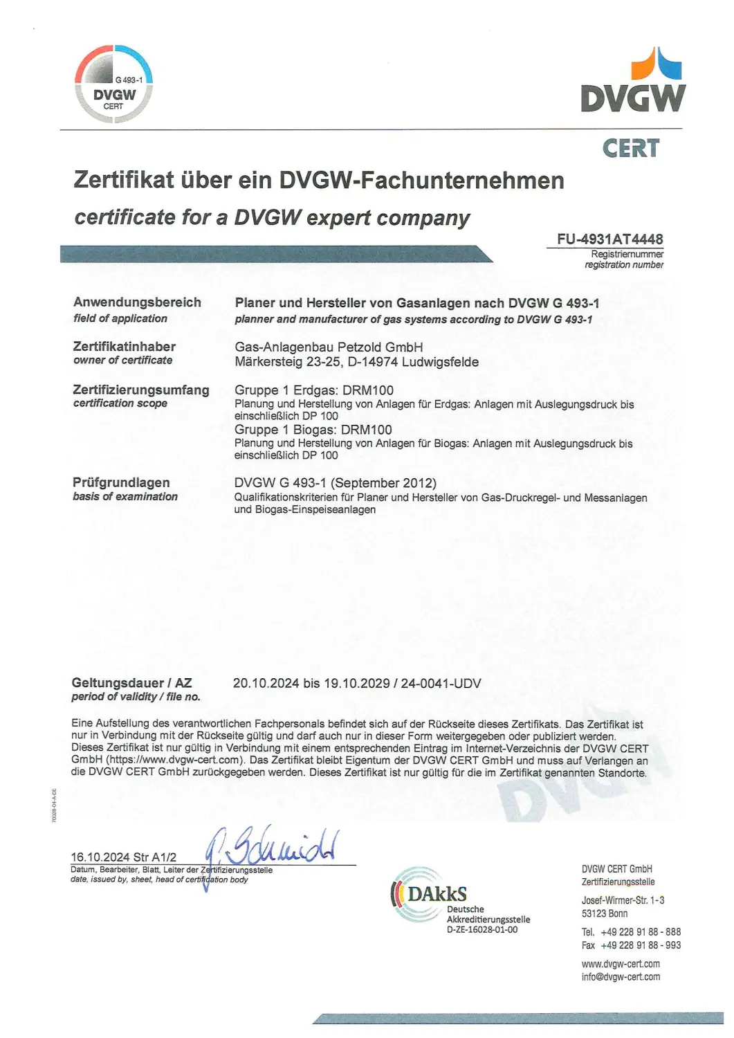 Zertifikat der Gasanlagenbau Petzold GmbH