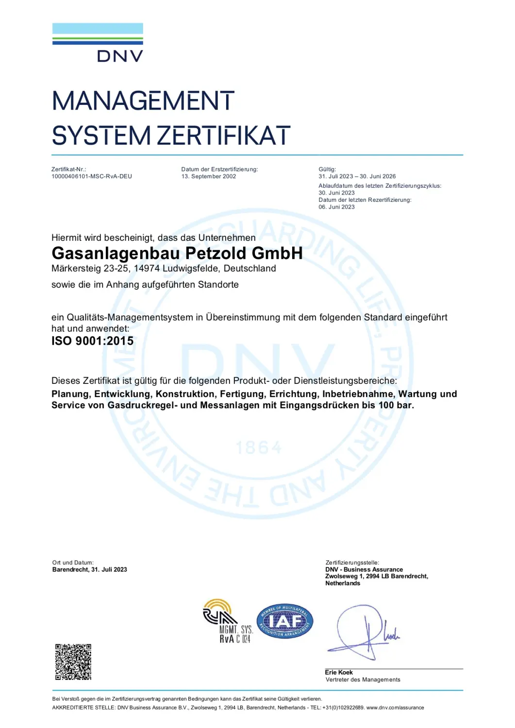 Zertifikat der Gasanlagenbau Petzold GmbH