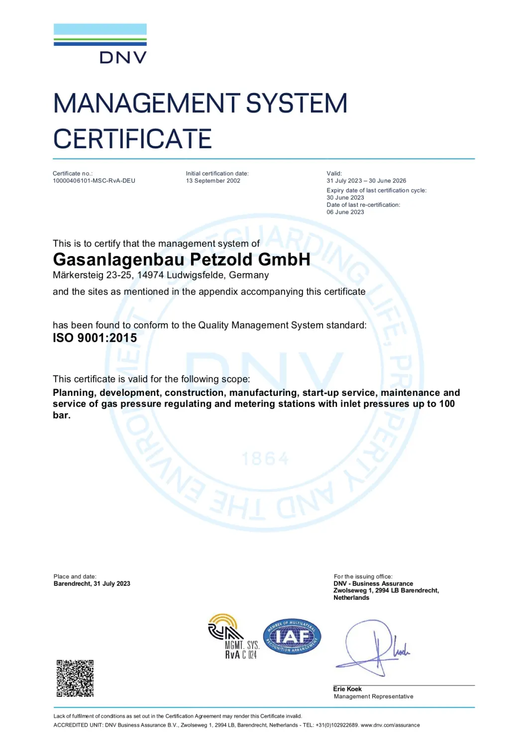 Zertifikat der Gasanlagenbau Petzold GmbH
