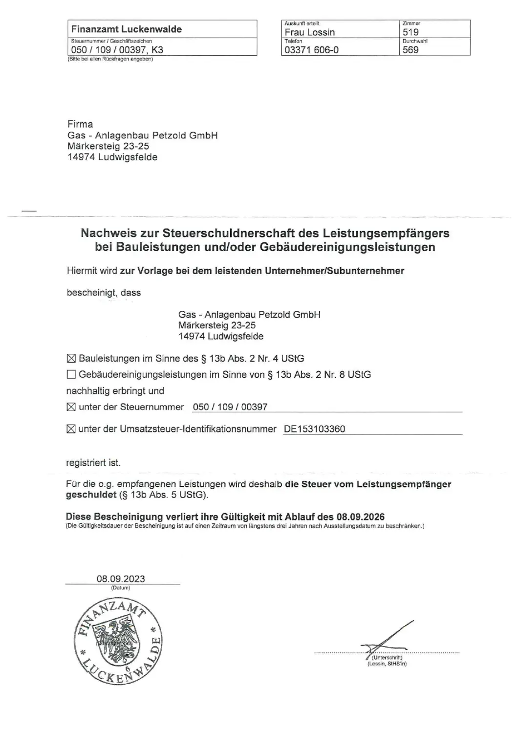 Zertifikat der Gasanlagenbau Petzold GmbH