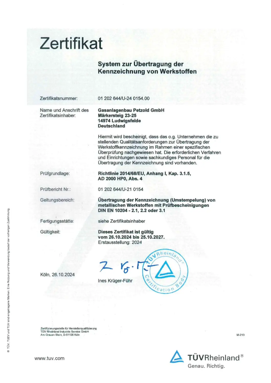 Zertifikat der Gasanlagenbau Petzold GmbH