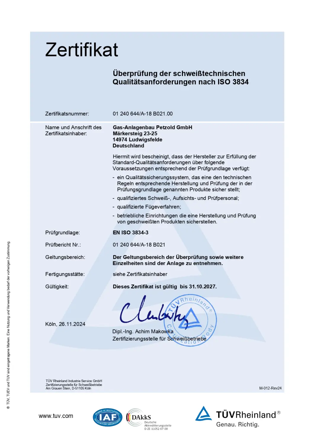 Zertifikat der Gasanlagenbau Petzold GmbH