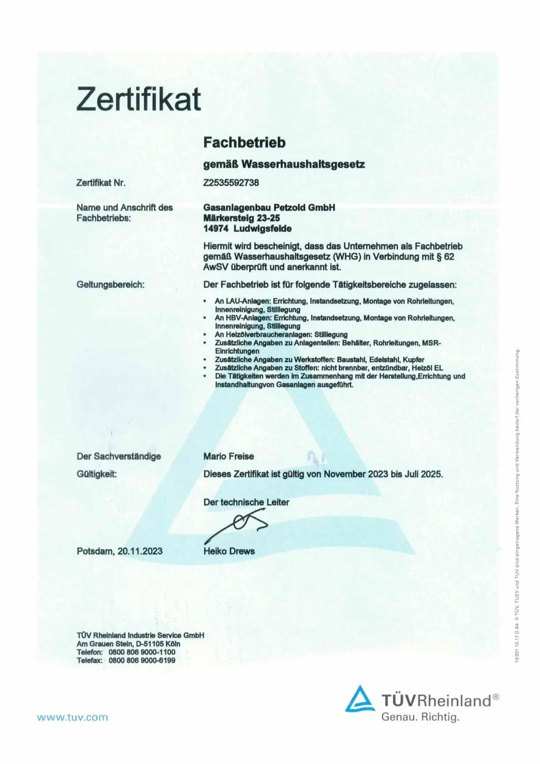 Zertifikat der Gasanlagenbau Petzold GmbH