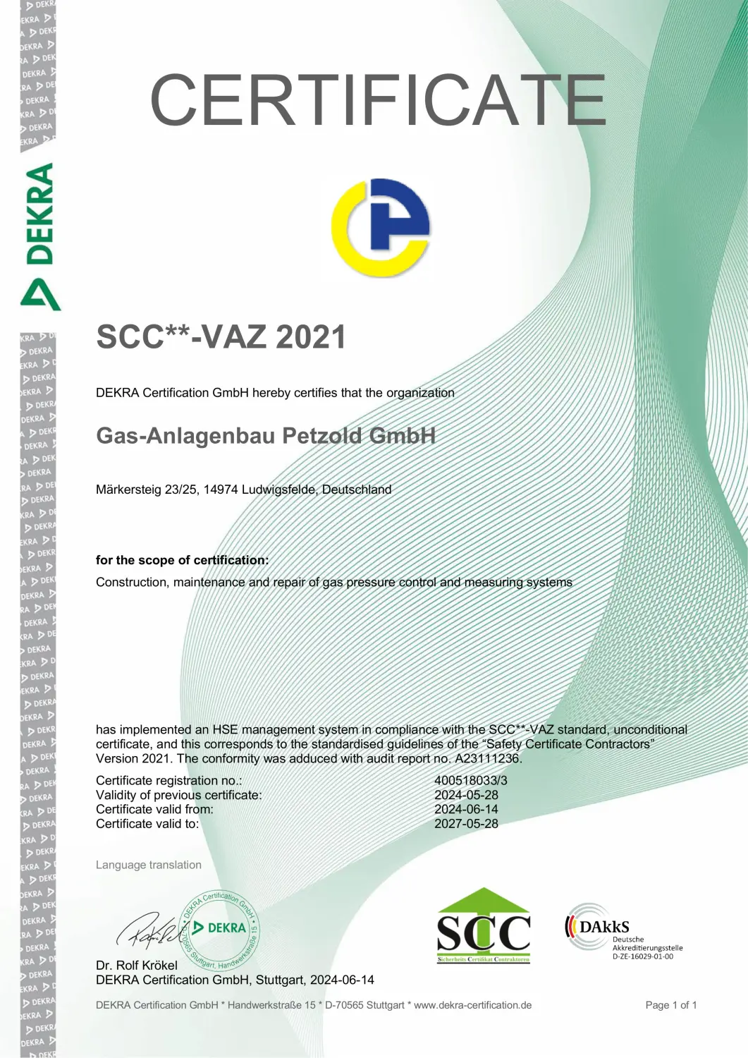 Zertifikat der Gasanlagenbau Petzold GmbH