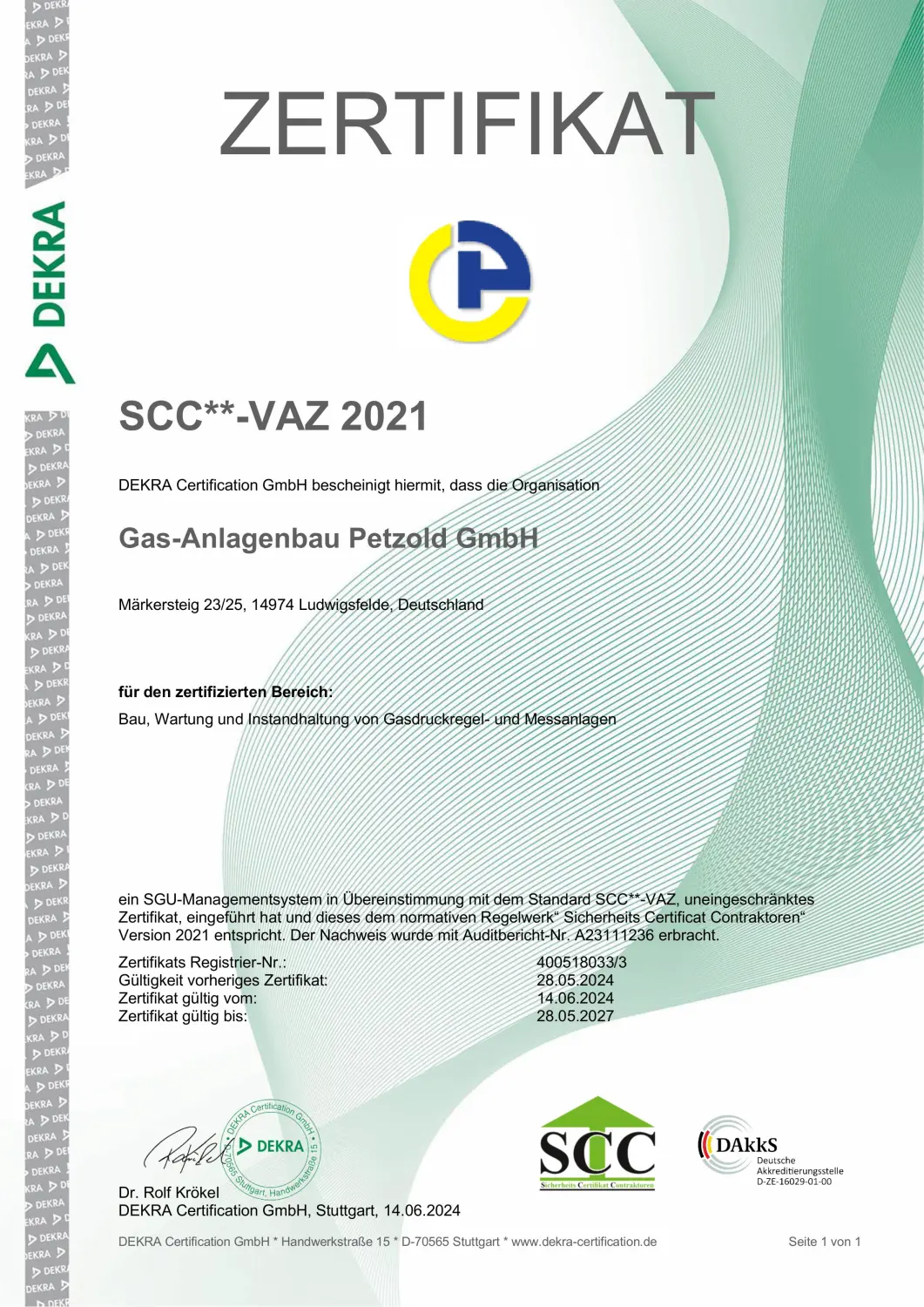 Zertifikat der Gasanlagenbau Petzold GmbH
