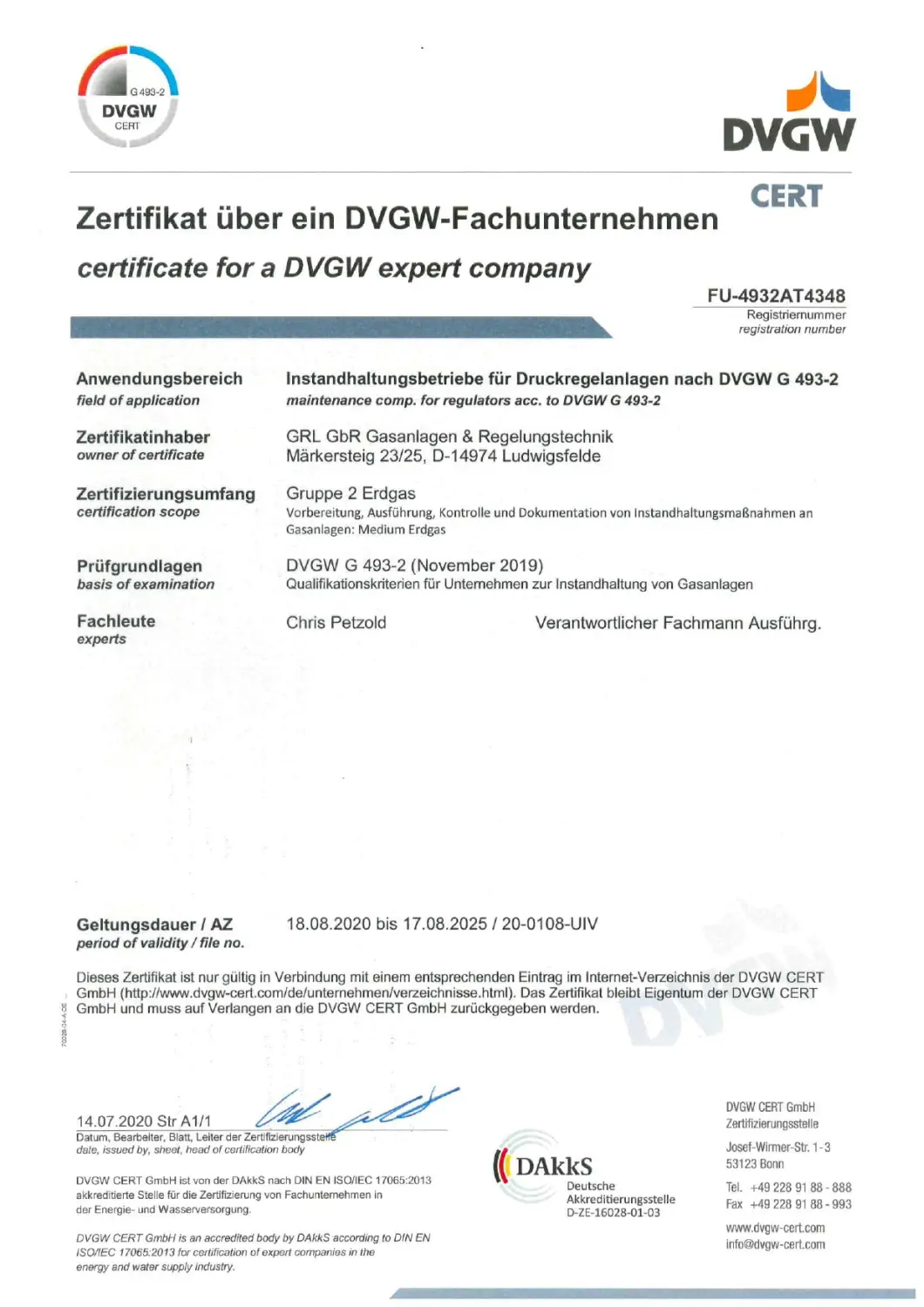 GRL Service Gasanlagen- & Regelungstechnik Ludwigsfelde Zertifikat