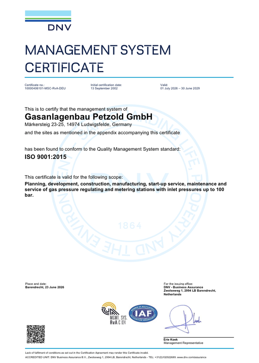 Zertifikat der Gasanlagenbau Petzold GmbH