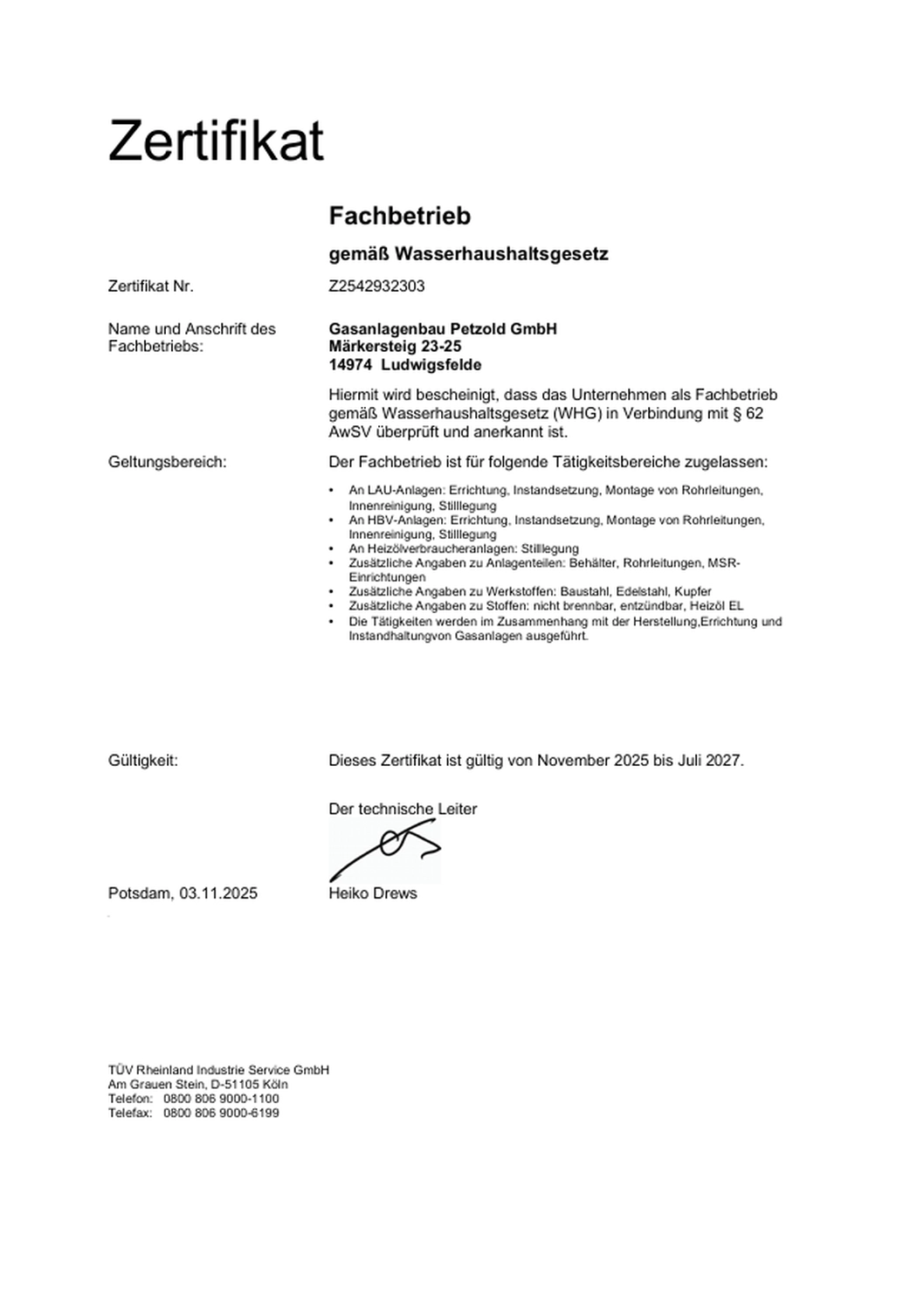 Zertifikat der Gasanlagenbau Petzold GmbH