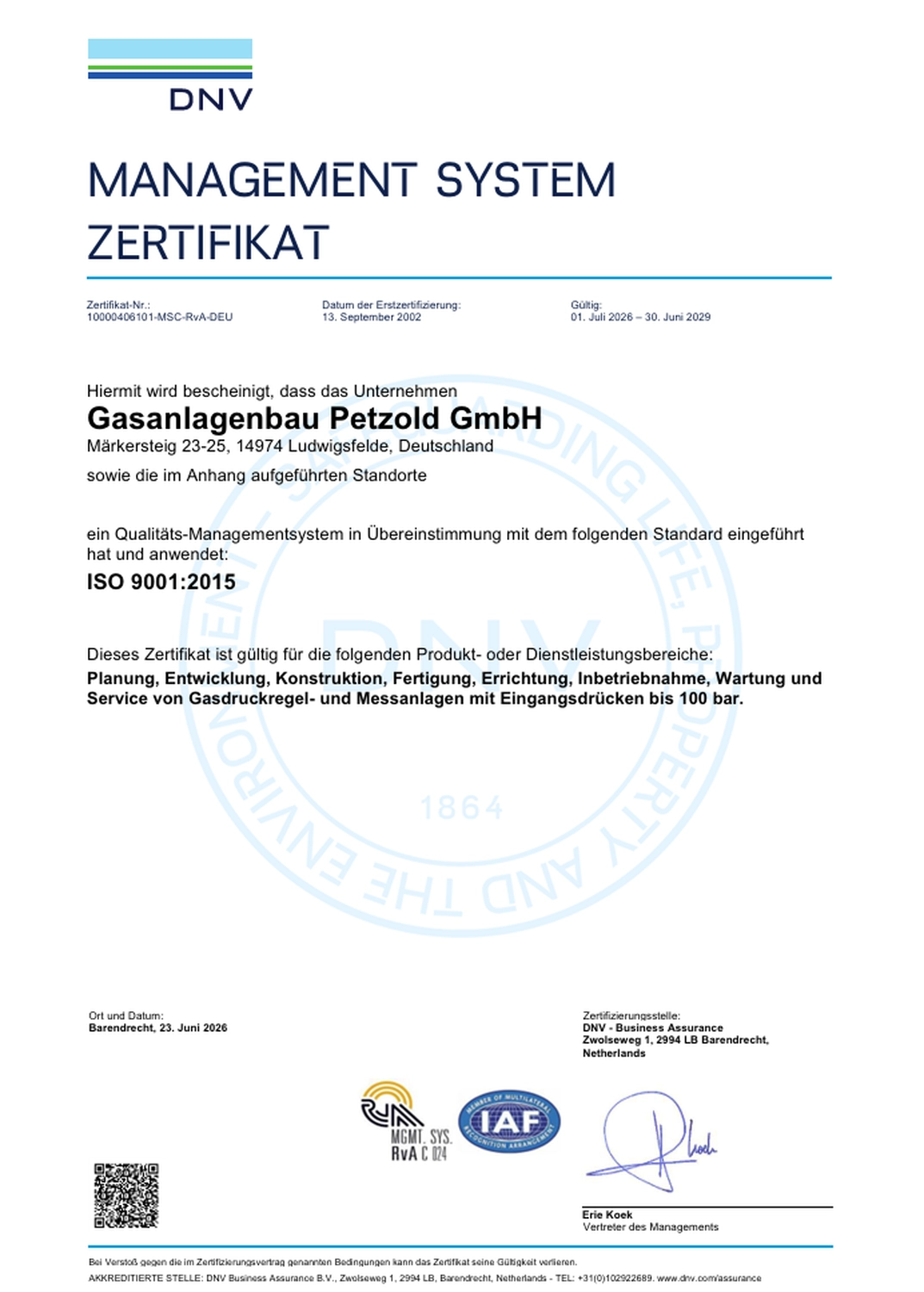 Zertifikat der Gasanlagenbau Petzold GmbH