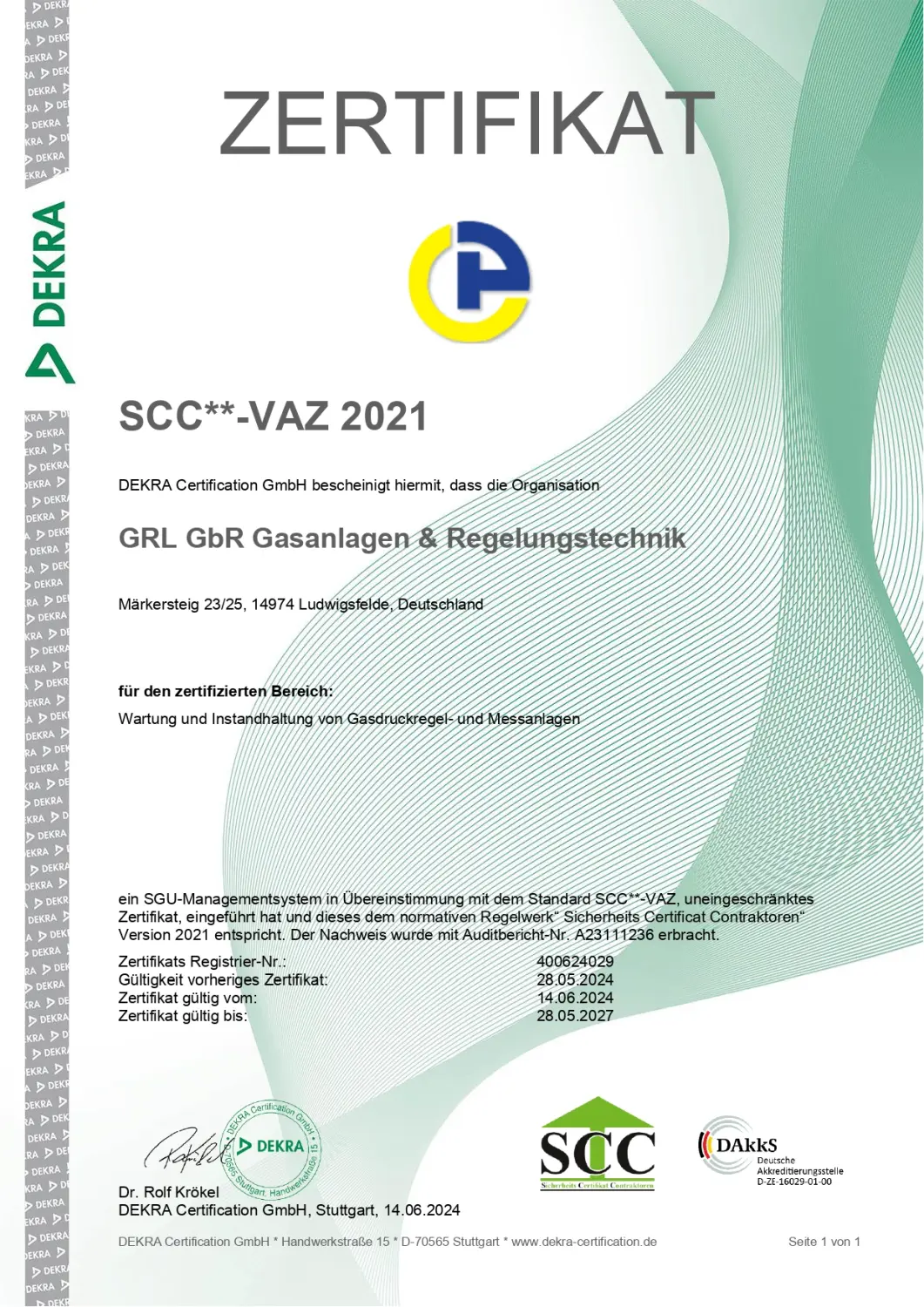 GRL Service Gasanlagen- & Regelungstechnik Ludwigsfelde Zertifikat
